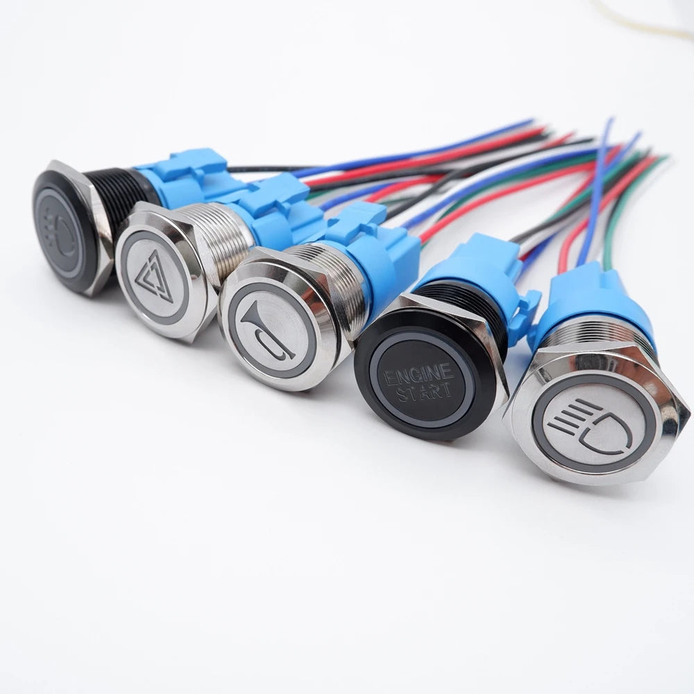 16/19/22mm Customized Metal Push Button Switch with Socket Start Stop For Car Boat Fog Black/Silver Waterproof LED Light 12V 24V