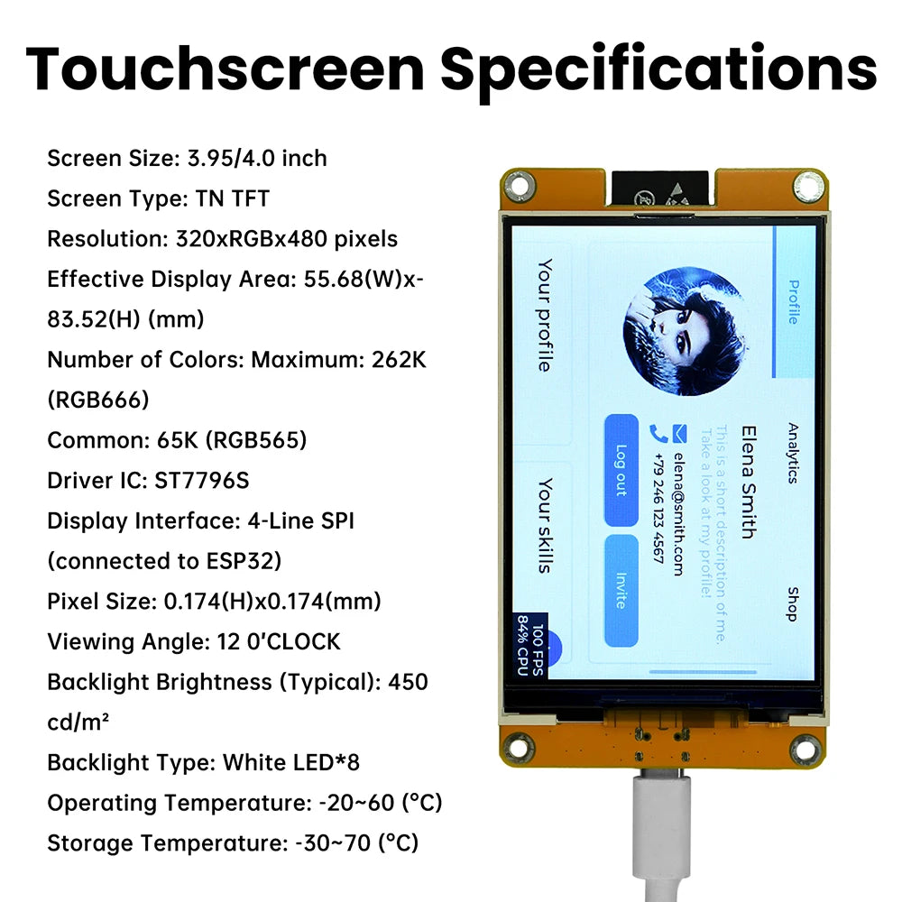 4.0-inch ESP32 WiFi Bluetooth Development Board Touchscreen ST7796S Driver 320*480 Smart Display Module Onboard ESP32-32E Module