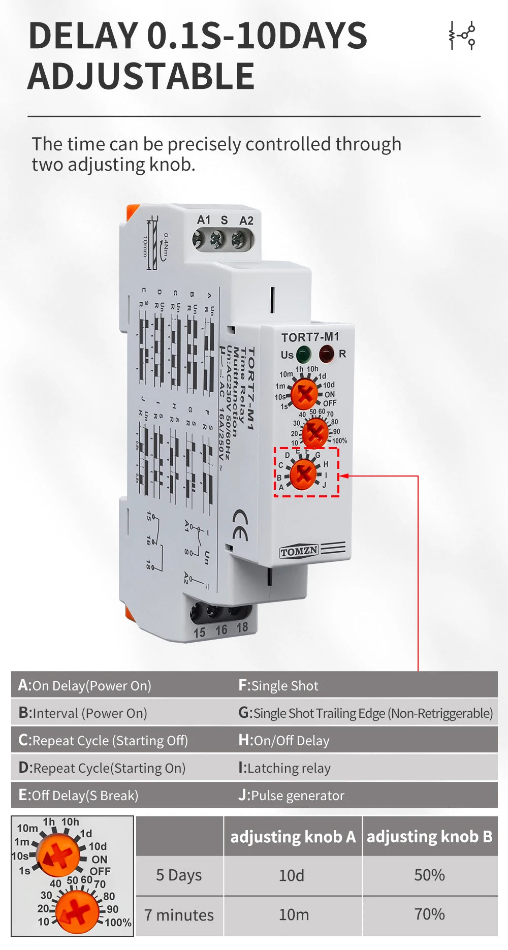 TOMZN 10IN1 Multi-function Time Relay Delay Interval Repeat Cycle Single Shot Latching Relay Pulse Generator AC230V 16A 18mm