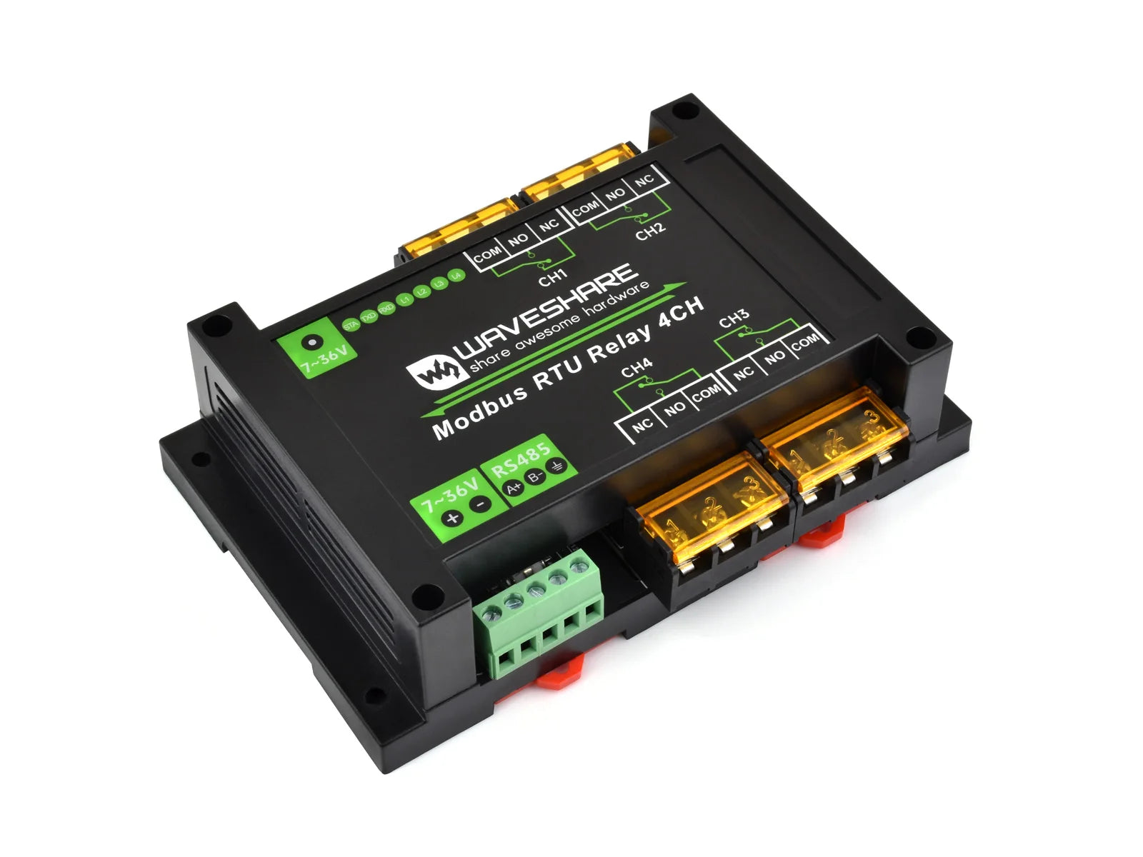 Waveshare Industrial Modbus RTU 4-ch Relay Module with RS485 Interface, 30A High Current, Onboard LED Indicators