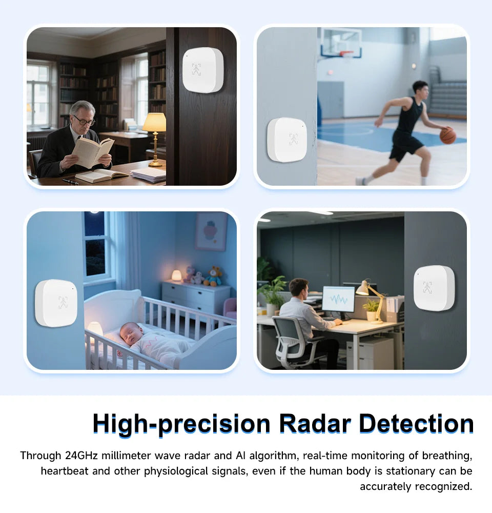 Smart Life Zigbee 24G MmWave Radar Motion Sensor Human Presence Detector Battery Powered Breathing Monitor for Home Automation