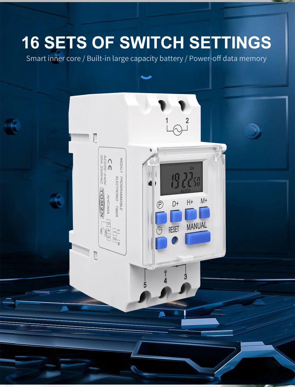 TOMZN AC 220V 230V 12V 24V 48V 16A 1NO 1NC Din Rail Single Phase Weekly 7 Days Programmable Digital TIME SWITCH Relay Timer