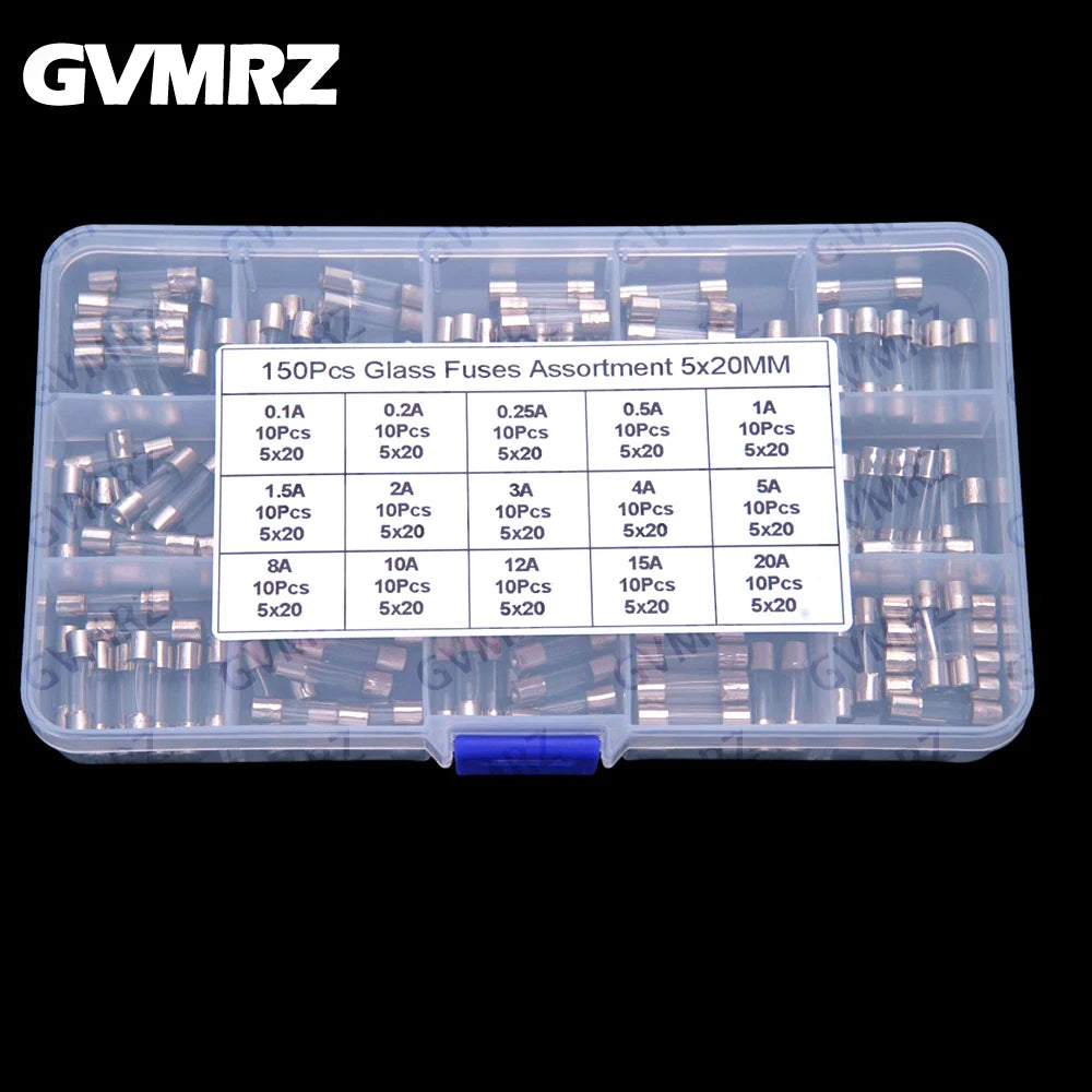 15Values 150PCS 5x20mm Glass Fuse Sets: 0.1A 0.2A 0.25A 0.5A 1A 1.5A 2A 3A 4A 5A 8A 10A 12A 15A 20A