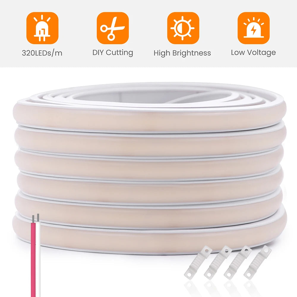 12V 24V COB LED Neon Strip Light Waterproof Ribbon Tape 2Pin Wire Warm Natural White 320LEDs/M Flexible Home Decor 0.5m 1m 2m 5m