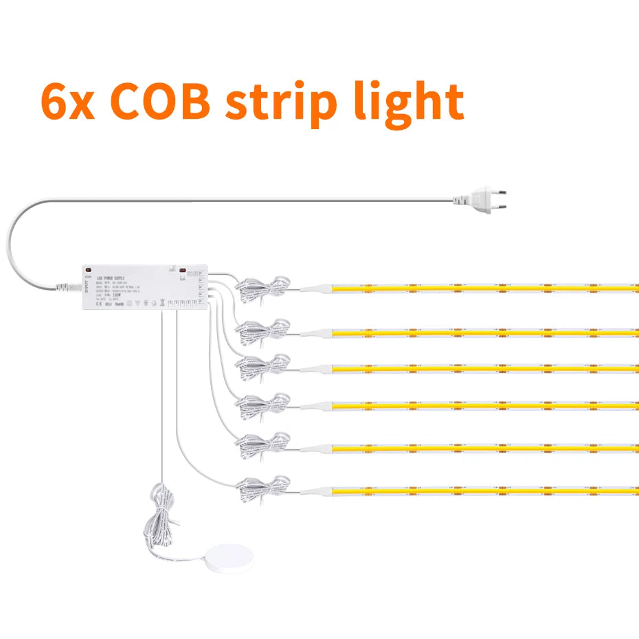24V COB LED Strip with EU/US/AU/UK Plug Touch Dimmer Switch Adhesive Backing for Cabinets Shelf Closet Kitchen Lighting 1-6pcs