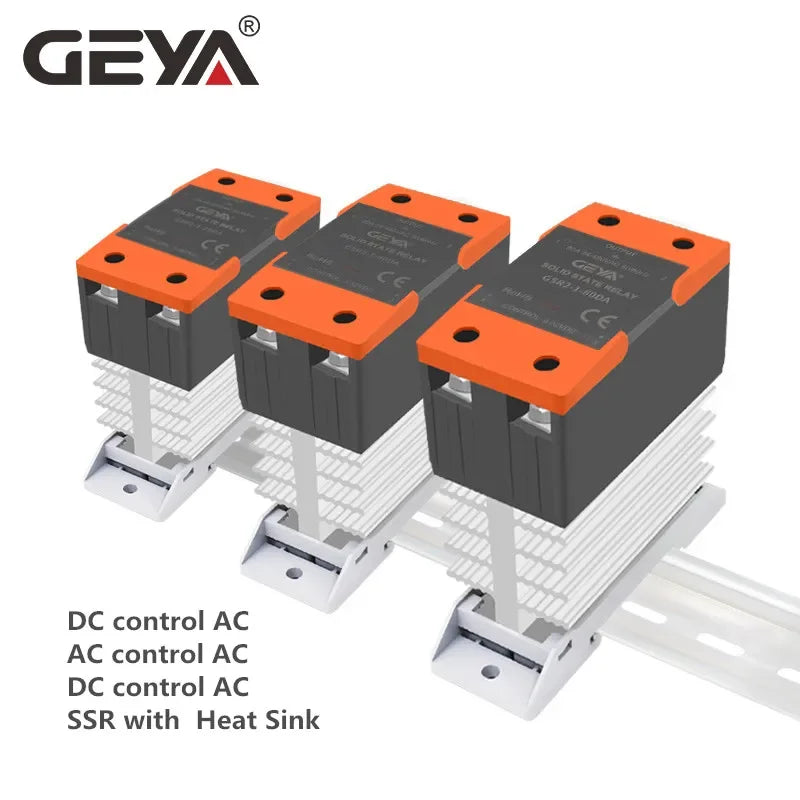 GEYA GSR2-1 SSR 10A 25A 40A 60A 80A 100A 120A Din Rail Mounted Solid State Relay SSR Single Phase With Heat Sink DD AA DA SSR