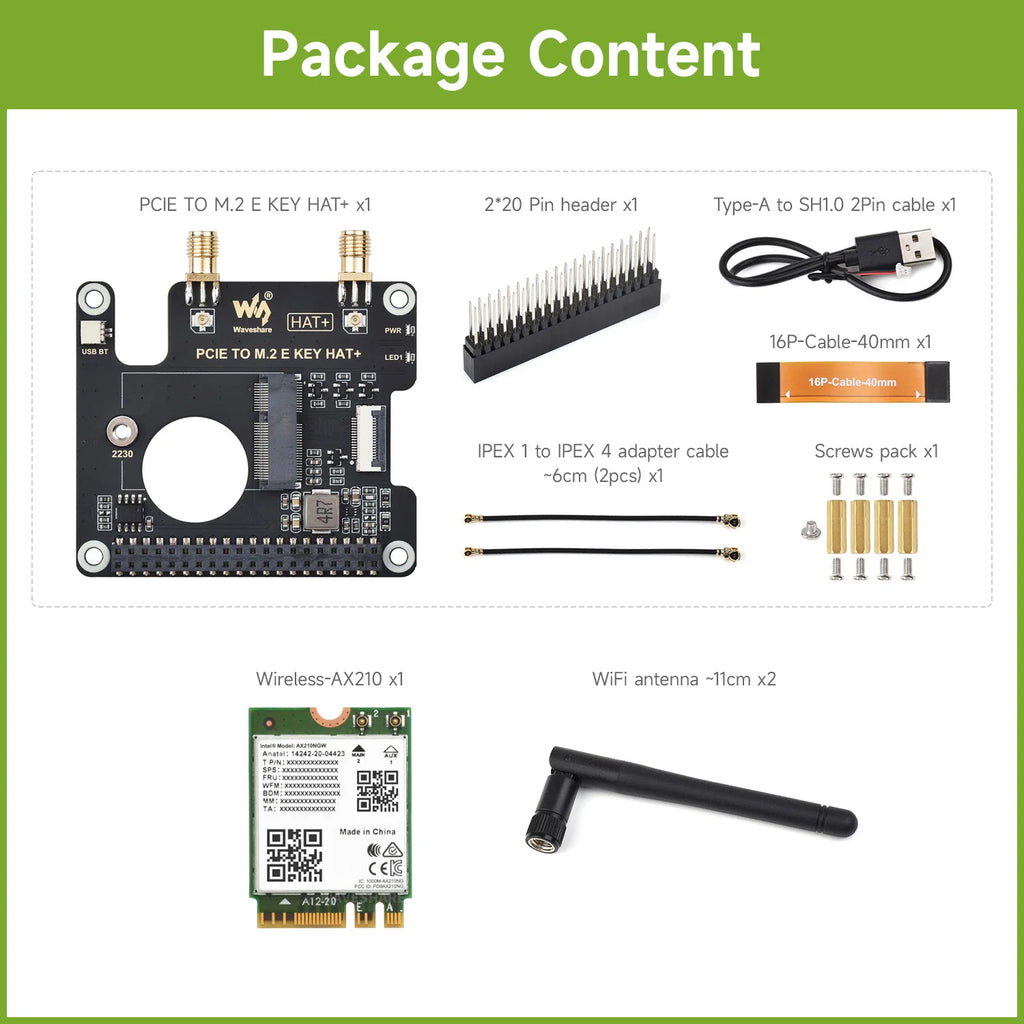 Waveshare PCIe To M.2 E KEY HAT for Raspberry Pi 5, Compatible With NGFF (M.2 E Key) Wireless NIC, Raspberry Pi 5 PCIe HAT