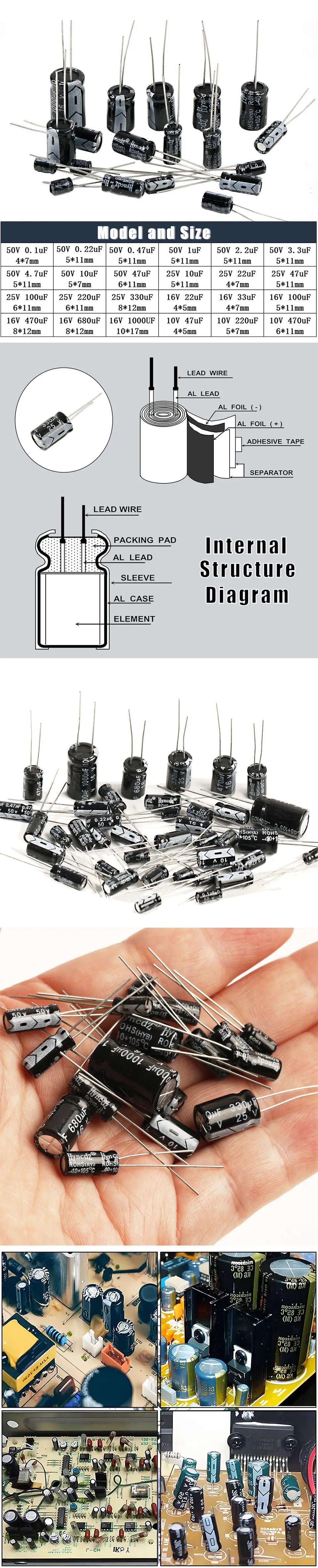 Aluminum Electrolytic Capacitors 10v 16v 25v 50v 0.1uf 1uf 2.2uf 33uf 47uf 220uf 470uf 680uf 1000uf
