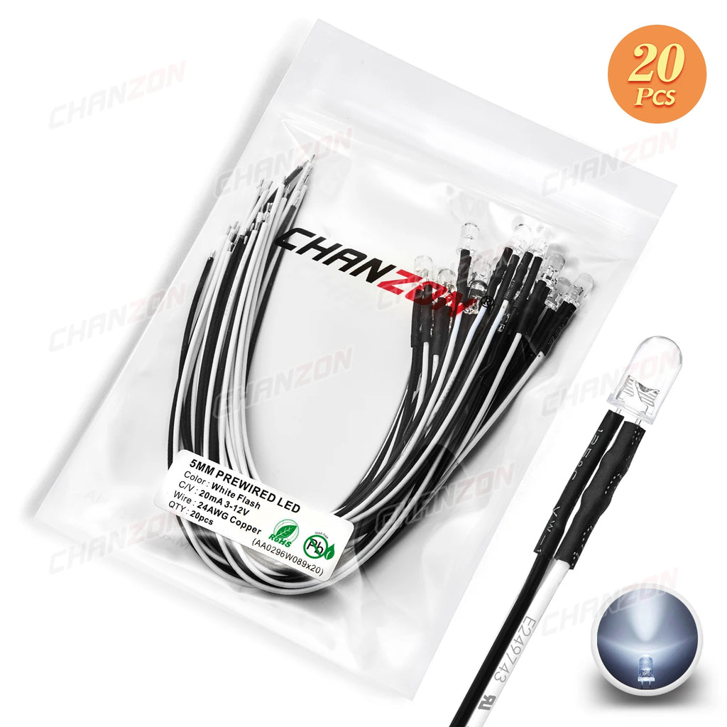 20pcs 5mm 12V LED Diode Flashing Prewired Light Beads Blinking White Red Green Blue Yellow RGB Fast Slow Flash DIY Pre Wire Lamp