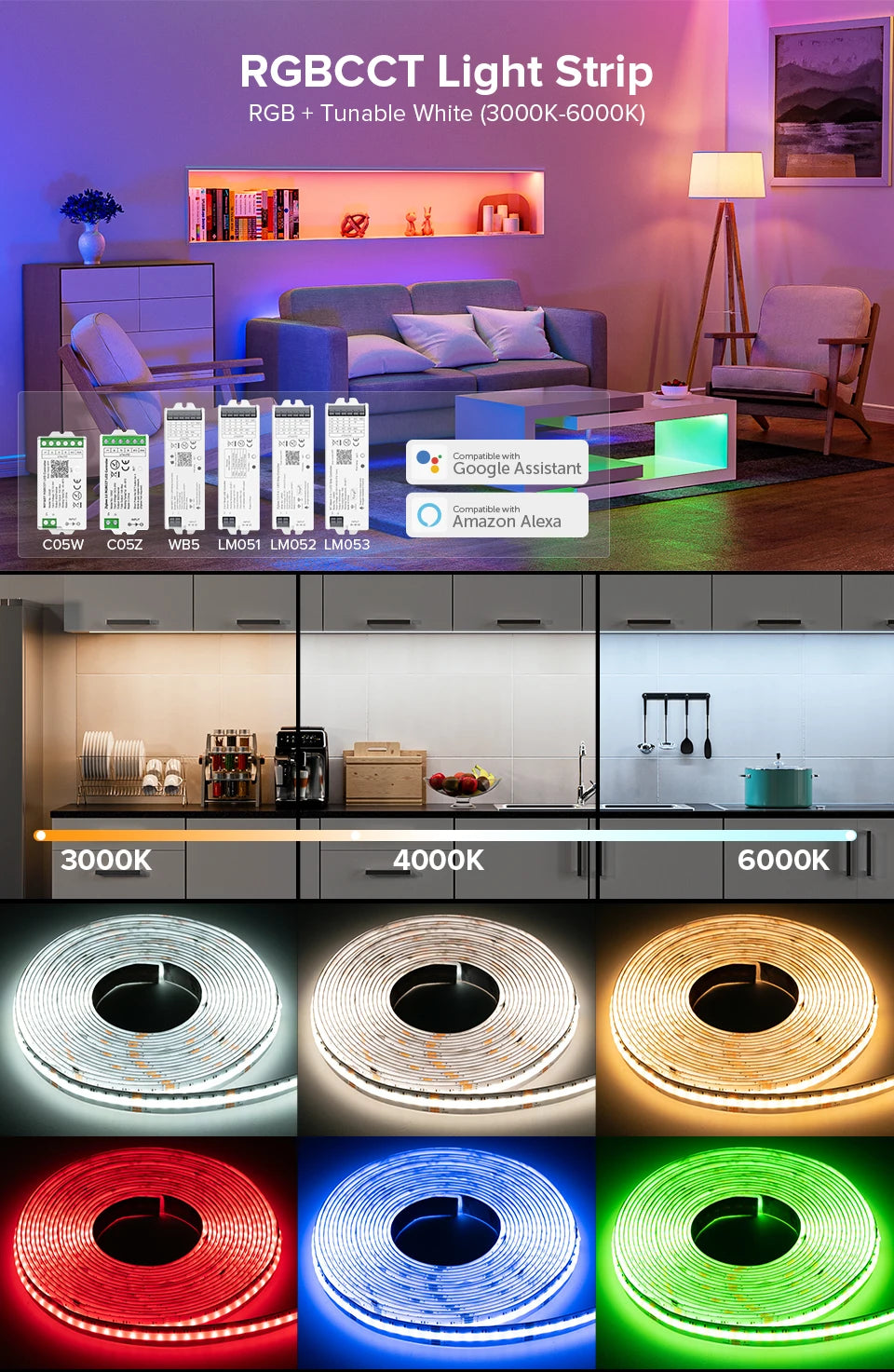 FCOB RGBCCT LED Light Strip 6 Pin 12mm DC24V 960 LEDs RGB CW WW FOB Flexible COB Linear Lights High Density RA90 Dimmable Strip