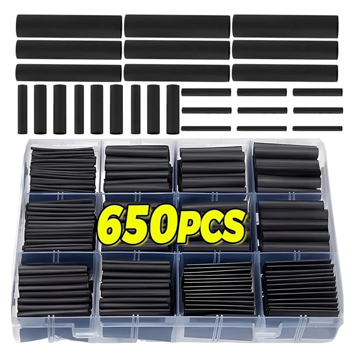 650PCS Heat Shrink Tubing Kits Black Electrical Wire Wrap Cable Sleeves Assortments for Insulation Protection