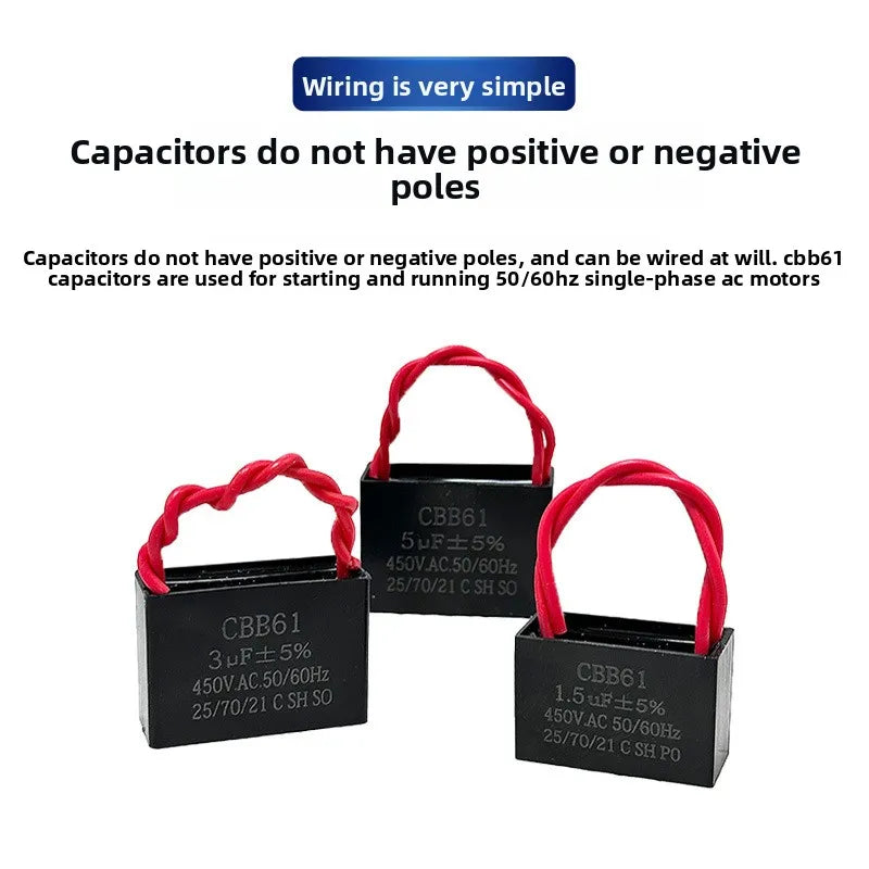 CBB61 Fan Start Capacitor 1.0/1.2/1.5/2.0/2.5/3.0/3.5UF 450V Universal for Ceiling Fans, Range Hoods, Water Pumps