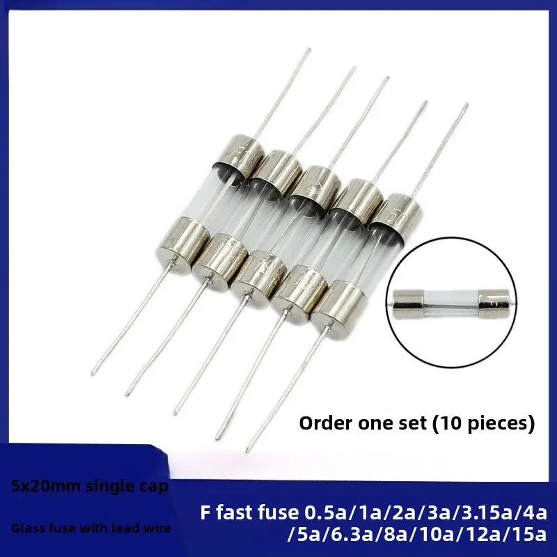 20Pcs 3.6*10 3*10 4*11 Glass fuse Fast/Slow blow 250V 0.5A 1A 2A 3A 3.15A 4A 5A 6.3A 10A 15A with legs F/T type 3.6x10 3x10 4x11