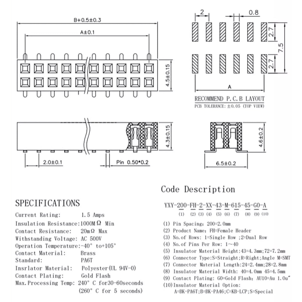 2.0mm SMD double row female header 2x2/3/4/5/6/7/8/10/20/40 pin header connector 2mm spacing bar, suitable for Arduino PCB