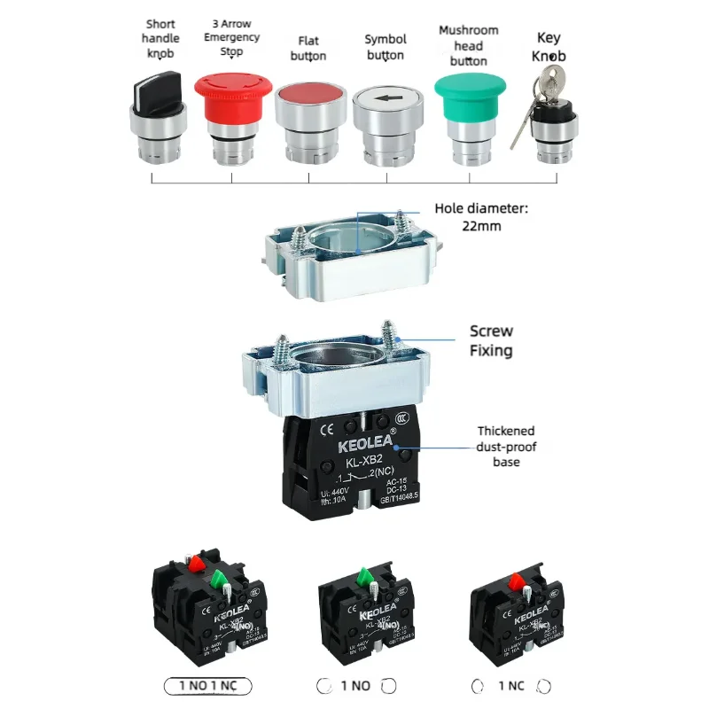 XB2 Series Metal Button Switch Self Reset Small Mushroom Head Middle Seat Emergency Stop 22mm Knob Key Start Inching Power on