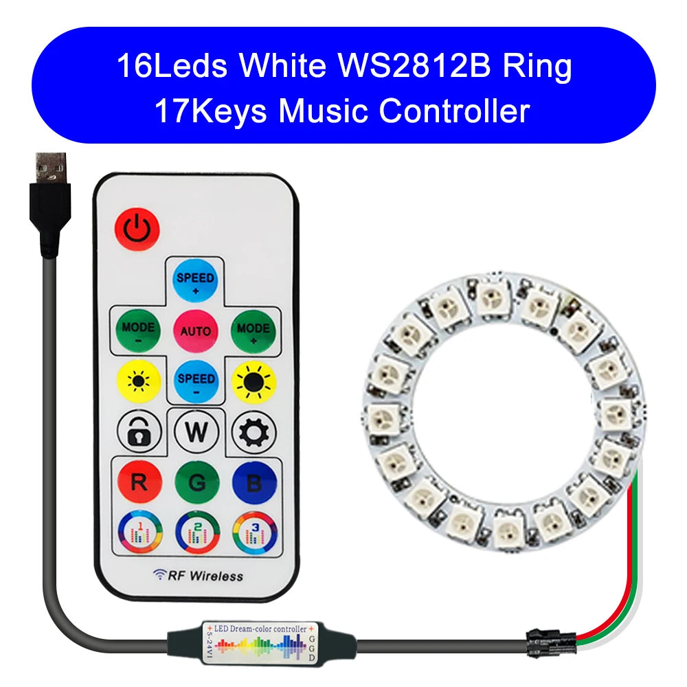 DC5V WS2812B DIY LED Ring 8 to 241 Pixels 5050 RGB Individually Addressable WS2812 Round Modules With 17Keys Music RF Controller