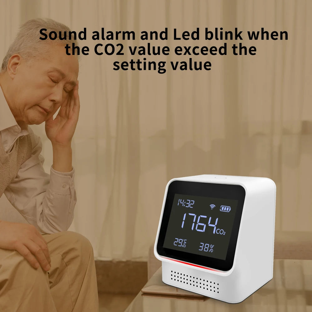 Lincukoo Tuya WiFi Smart Air Monitor NDIR CO2 Temperature＆Humidity Measurement High-Precisio Realtime Sound Lighting Alarm