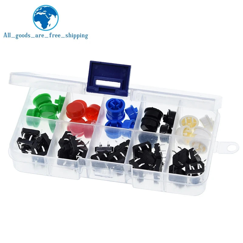 25PCS Tactile Push Button Switch Momentary TZT 12*12*7.3MM Micro switch button + 25PCS Tact Cap(5 colors) for Arduino with Case