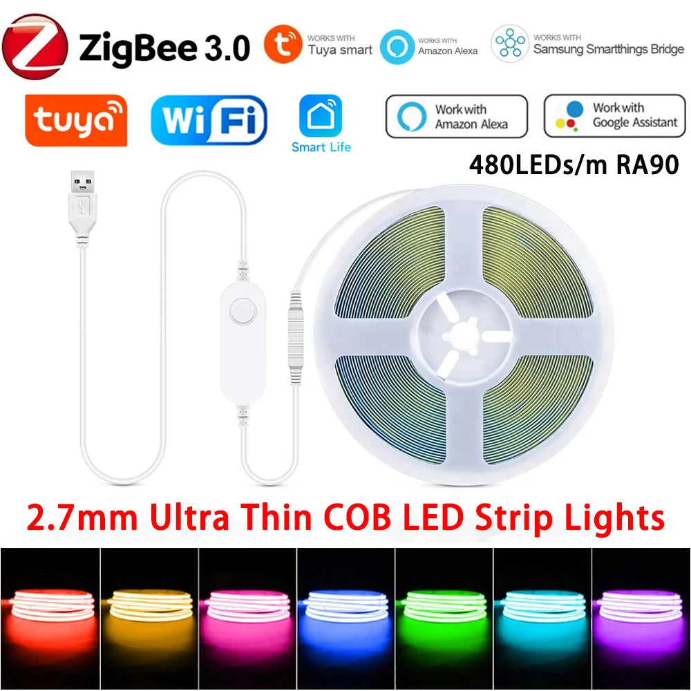 5V USB Tuya WiFi Tuya Zigbee 3mm 4mm Ultra Thin COB LED Strip Lights for Home Decor DIY Blue/Pink/Purple High Density LED Tape