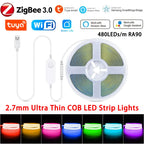 5V USB Tuya WiFi Tuya Zigbee 3mm 4mm Ultra Thin COB LED Strip Lights for Home Decor DIY Blue/Pink/Purple High Density LED Tape