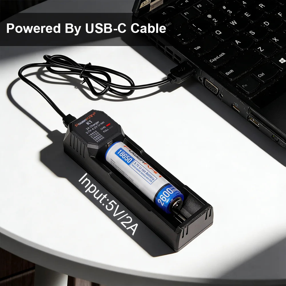 POWERKAN K1 1 Slot Smart Charger, Type-C Fast Charger for 18650 21700 26650 Li-ion Batteries