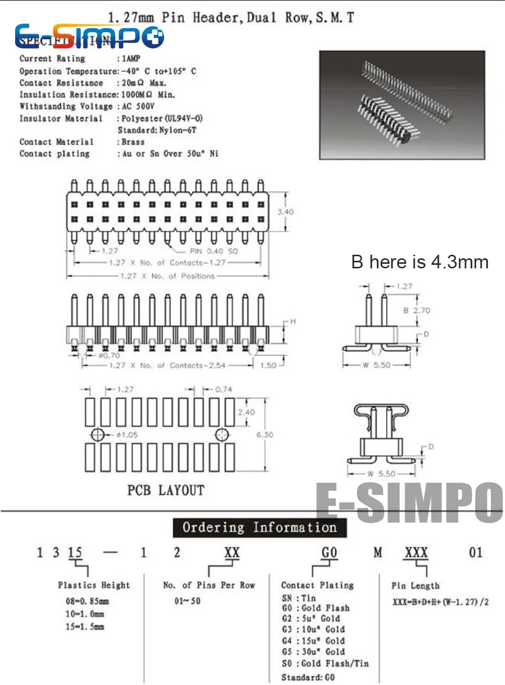 100pcs 1.27mm SMT Header Double Row SMD 2X3/4/5/10/20/25/40/50P Single Plastic Gold-plated B=4.3mm PCB Male Pin Header Connector