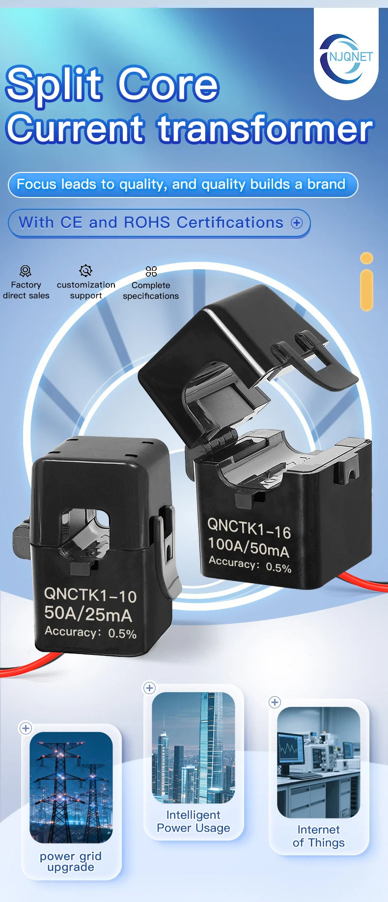 Clamp CT Current Transformer QNCTK1-16 100A 50mA 50A 25mA 100A 40mA 50A 20mA Open Current Sensor Split Core Current Transformer