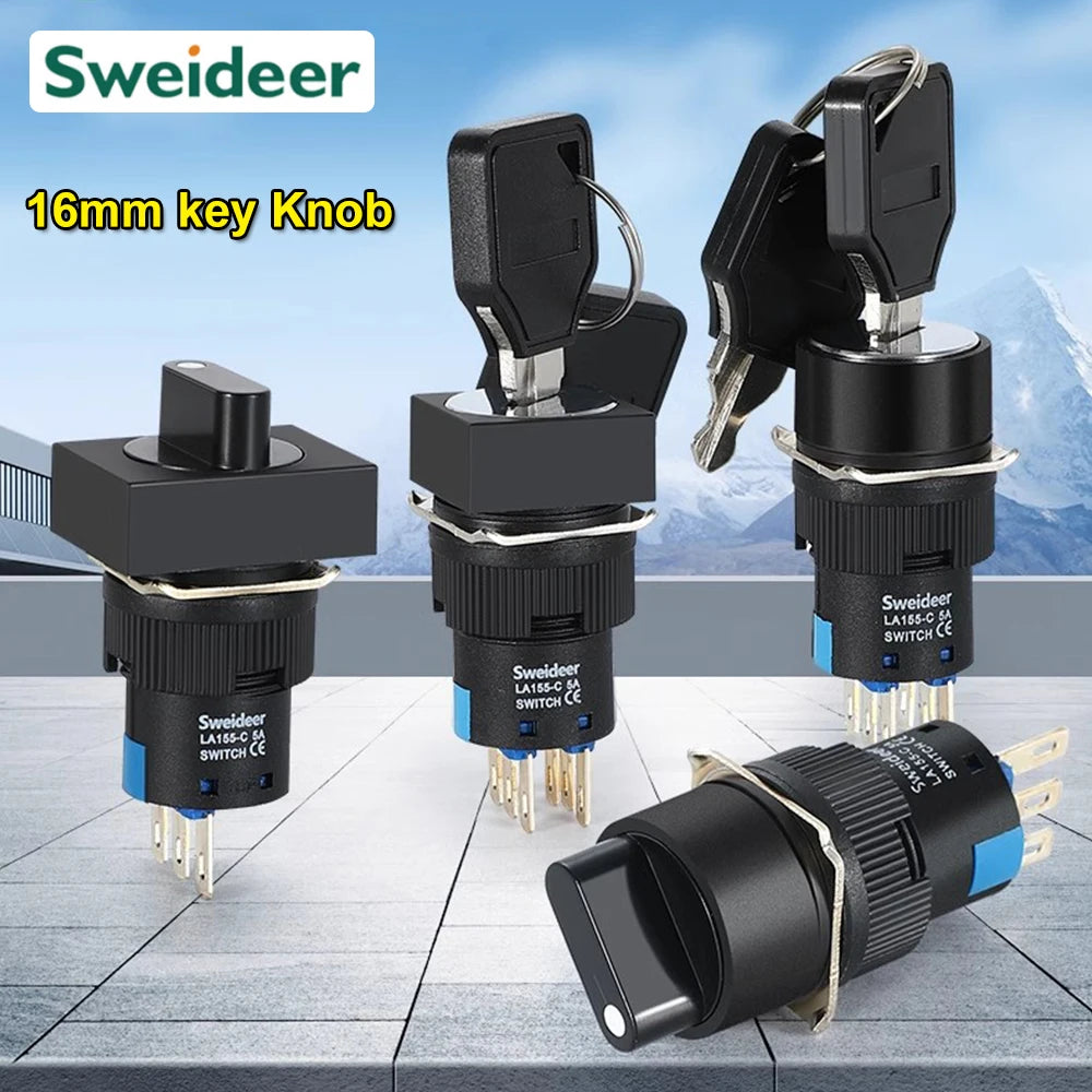 16mm Key Rotary Knob Push Button Switch 2 3 Positions Latching Self Lock Round Square Selector Start Up Power Switch 3/6 Pins