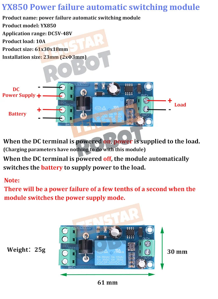 TENSTAR 2pcs YX850 Power Failure Automatic Switching Standby Battery Lithium Battery Module DC5V-48V Emergency Converter