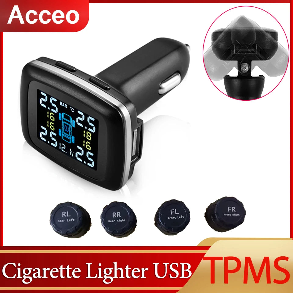 Smart Cigarette Lighter USB TPMS Car Tire Pressure Alarm Monitor System 4 Sensors Display Tyre Pressure Temperature Alarm