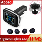Smart Cigarette Lighter USB TPMS Car Tire Pressure Alarm Monitor System 4 Sensors Display Tyre Pressure Temperature Alarm