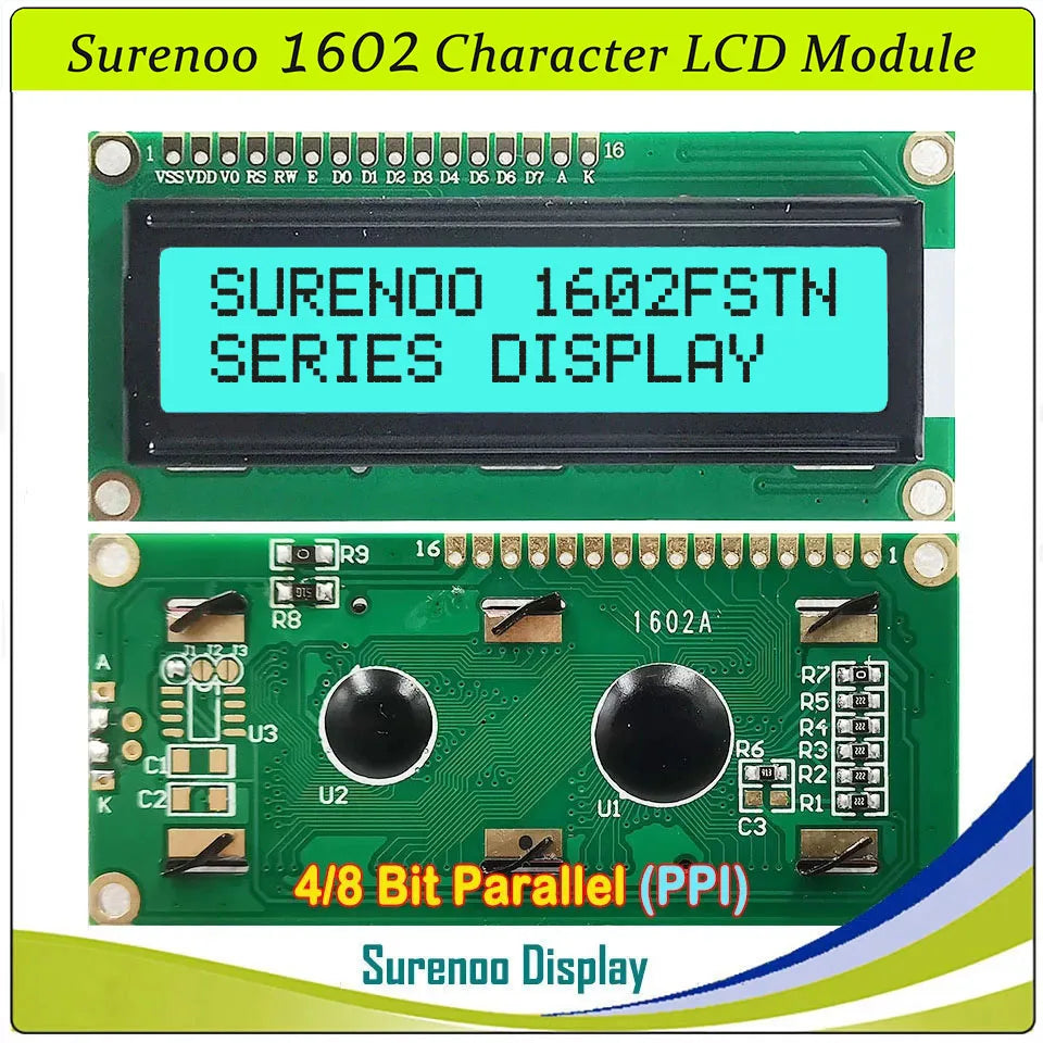 Surenoo 1602 16X2 162 5V 4-Bit 8-Bit Parallel Character LCD Module Display Screen Panel LCM STN Yellow Green Blue White Sky Blue