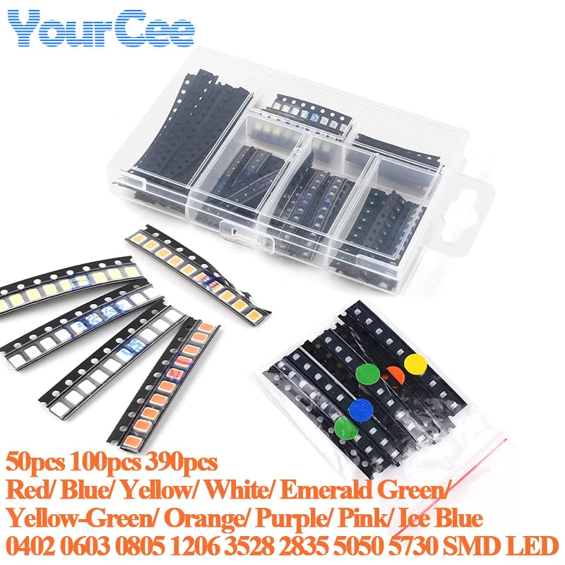 50pcs-390pcs SMD LED 0402 0603 0805 1206 3528 2835 5050 5730 Diode Red Blue Yellow White Green Orange Purple Pink