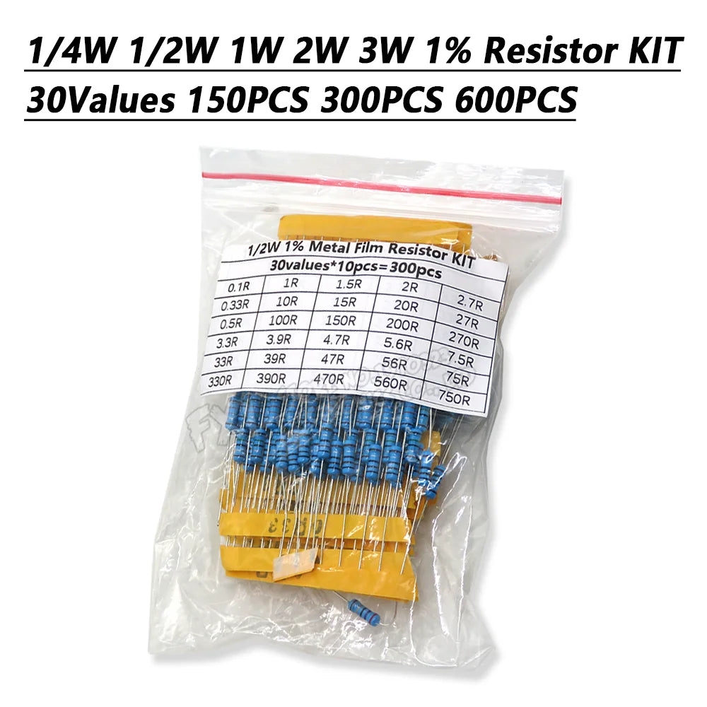 150PCS 300PCS 1/4W 1/2W 1W 2W 3W Resistance 1% Metal Film Resistor Assortment Kit Set 30Values Each 5/10PCS 1~750 1K~820K Ohm