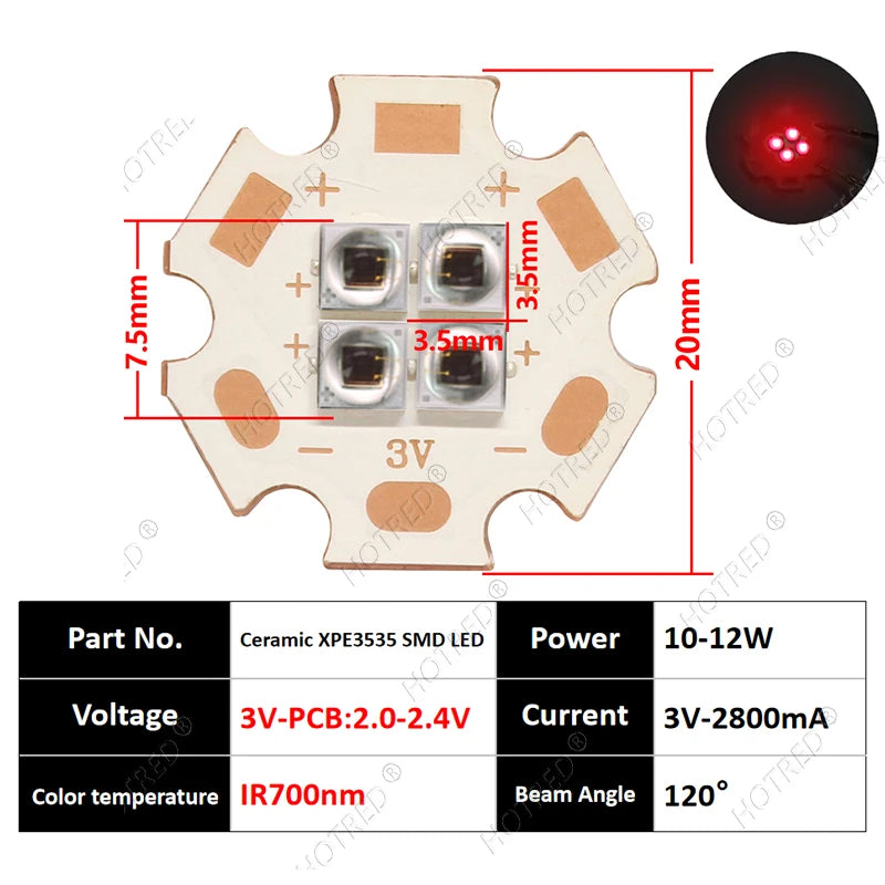 10W High Power LED Chip IR Infrared 660nm 680/730/760/810/850nm 12W 3535 Bead 2V 4V 8V 700/1400/2800mA For Night Vision Security