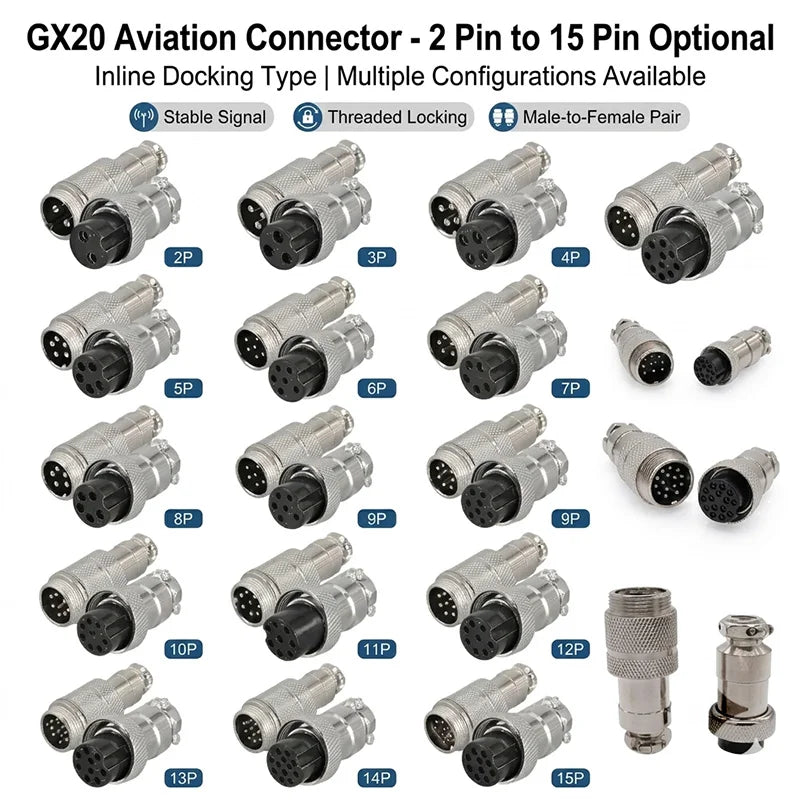 GX20 Docking Type Aviation Plug Socket 2 Pin to 15 Pin Male Female Butt Joint Circular Connector Inline Cable Wire Connector