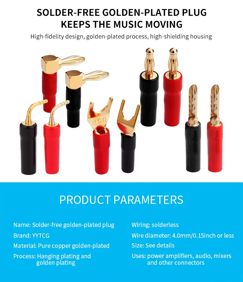 YYTCG 4pcs 4mm Banana plugs Y plug Pin plug Gold plated Speaker Connector Adapter No welding DIY Audio wire Connector