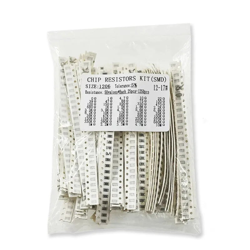 1250PCS 50Values SMD Resistor 1206 5% Pack 0Ω~10MΩ, 1R 10R 100R 220R 330R 470R 680R Chip Fixed Resistor 1K 102 10K 103 100K 104