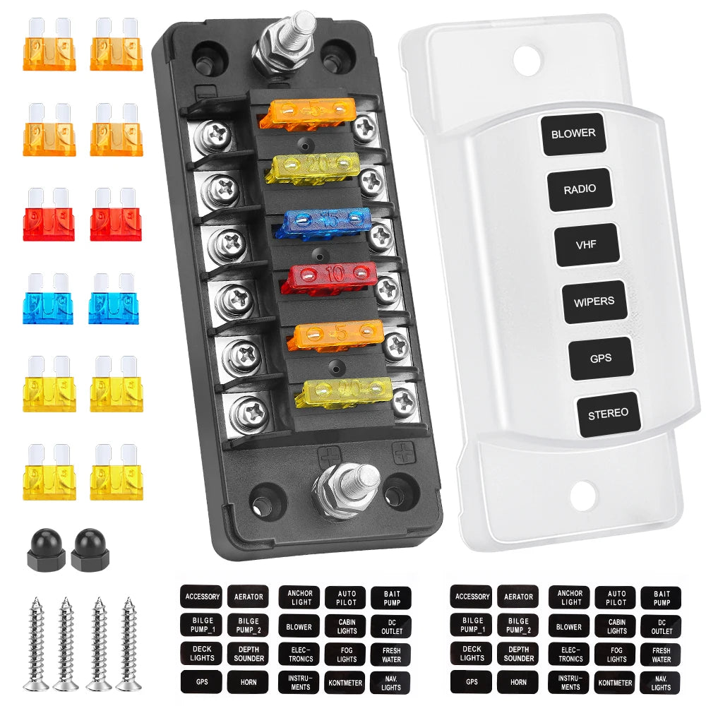 6 Ways Blade Fuse Block With Cover 6 Circuit Fuse Holder Fuse Block w/Negative Bus12-24V Car Boat Fuse Box Holder