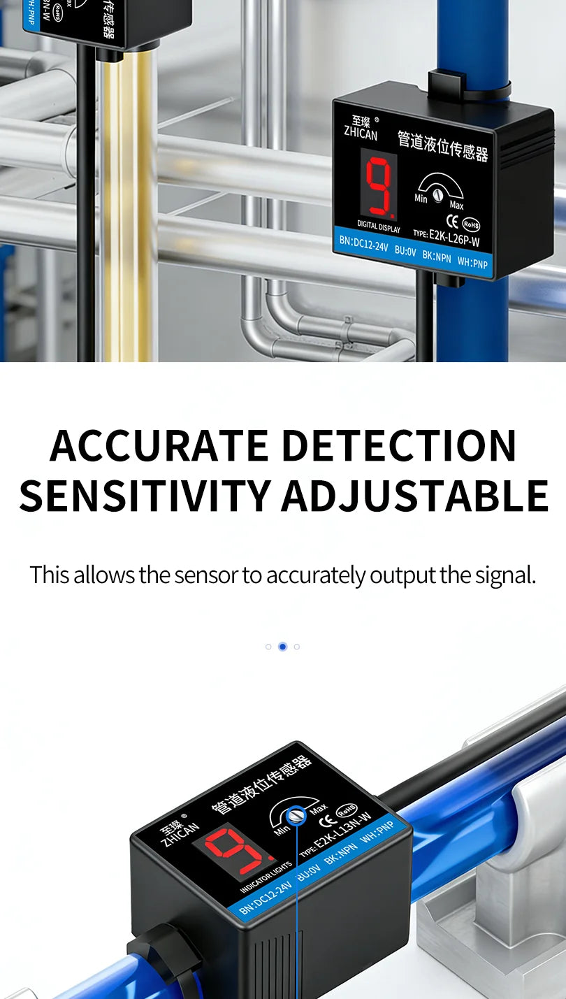 ZHICAN E2K Non Contact Capacitive Liquid Level Sensor Pipe Water Tank Full Empty Detection Alarm Switch