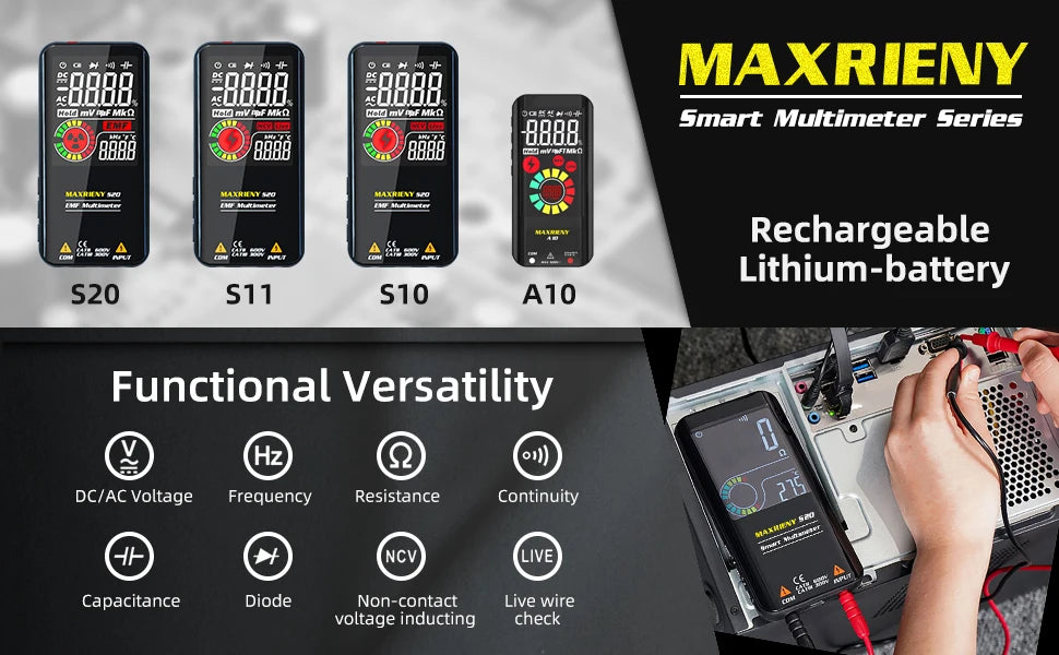 MAXRIENY Smart Digital Multimeter USB Rechargeable True RMS EBTN DC AC Voltage Capacitance Ohm Diode NCV Hz Live WireTester