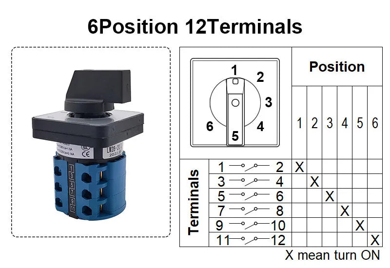 Electric 3/4 Position 12Terminals Rotary Cam Changeover Switch 500V 20A LW28-20