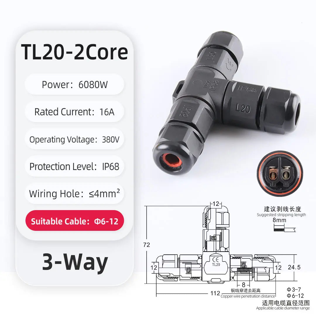 TL20 T-Shaped 3-Way Waterproof Cable Connector IP68 2Pin 3 Pin Screw Terminal PA66-Thread Nylon for LED Outdoor Solar Industrial