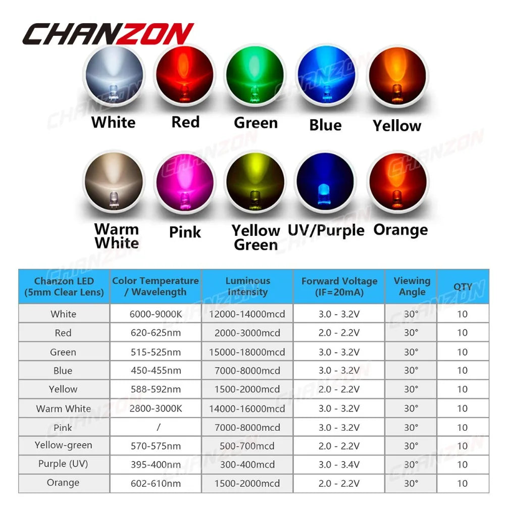 100pcs 5mm LED Diode Ultra Bright Warm White Red Green Blue UV Purple Yellow Orange Pink Multicolor 2V 3V Emitting Assortedt Set