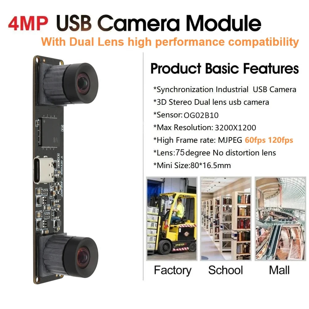 ELP 1200P Global Shutter USB Webcam Synchronization Dual Lens Camera Module High Speed 120fps 3D Stereo UVC Industrial Camera