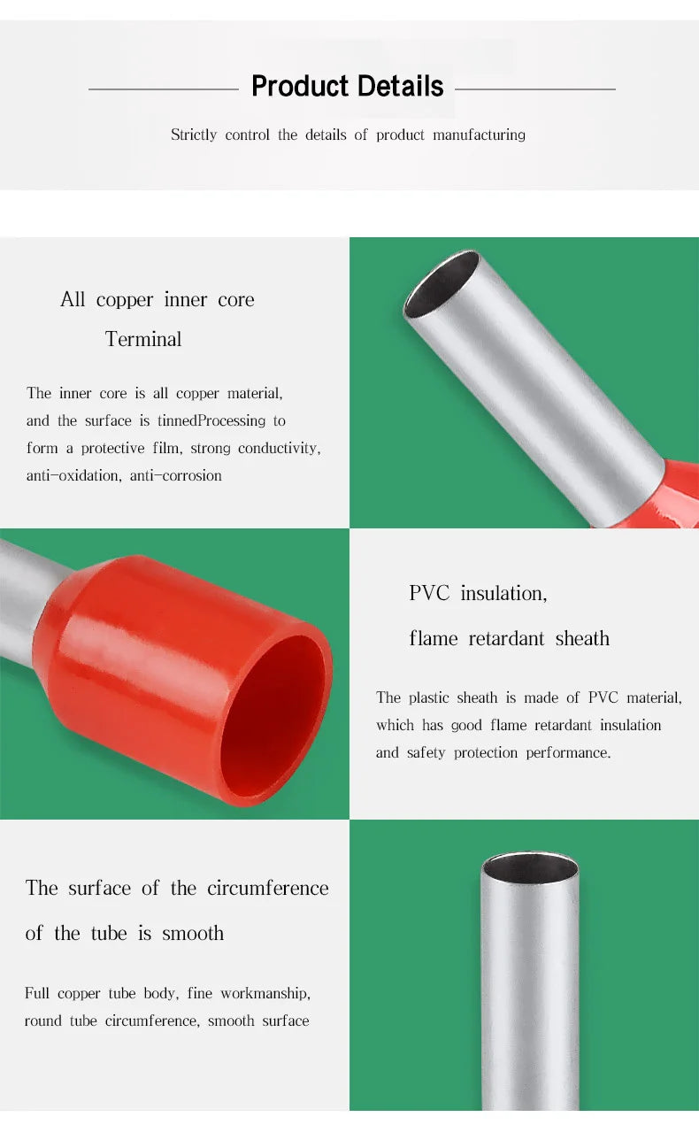 100PCS Insulated Ferrules Terminal Block E0508 E7508 E1008 1508 Cord End Wire Connector Electrical Crimp Terminator Cold Pressed