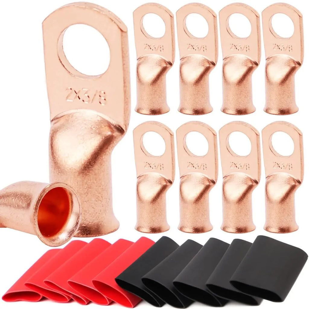 10pcs Copper Terminal Connectors, AWG 2 4 6 8 1/0 2/0 Ring Lug With Shrink Tubing 10Battery Cable Lugs, With 10 Shrink Tubing