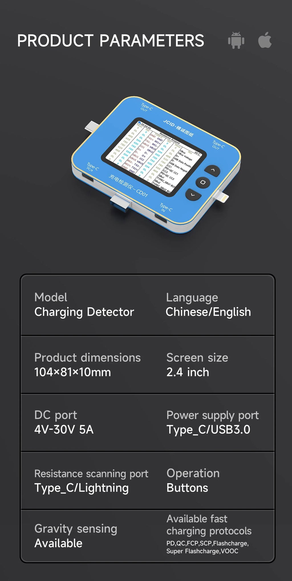 JCID CD01 Charging Detector CD01 Use with JC Intelligent Drawing Faults Diagnosis Type-C Lightning Port Tester IPhone Android