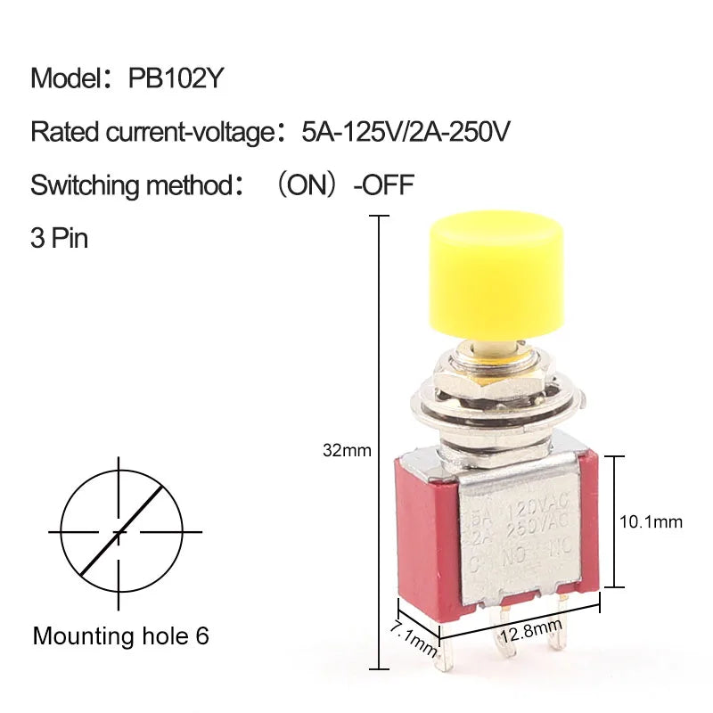 5PCS 3Pin C-NO-NC Reset Latching Toggle Switch Automatic return Push Button (ON)-OFF 5A125V/2A250V 6mm Mini Toggle Switches