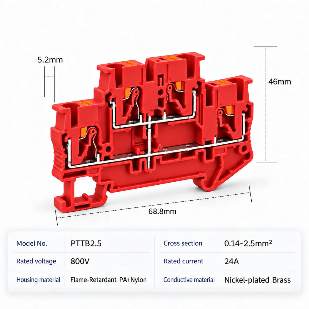 DIN Rail Terminal Blocks PTTB-2.5 Push-In Double Level 0.14-2.5mm2 Screwless Electrical Wire Connectors for Control Panel Wiring